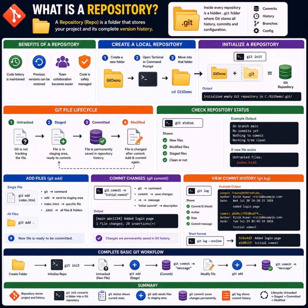 Git Repository and Basic Git Workflow Git Repository and Basic Git Workflow infographic explaining git init